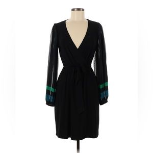 Black dress tie waist wrap dress with sheer stripe detailed sleeves